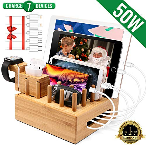 Darfoo Bamboo USB Charging Station for Multiple Devices with iWatch&Airpod Stand | Fast Charge Docking Station&Organizer with 7 USB Ports for iPhone, iPad, iWatch, Android Phone and Tablet