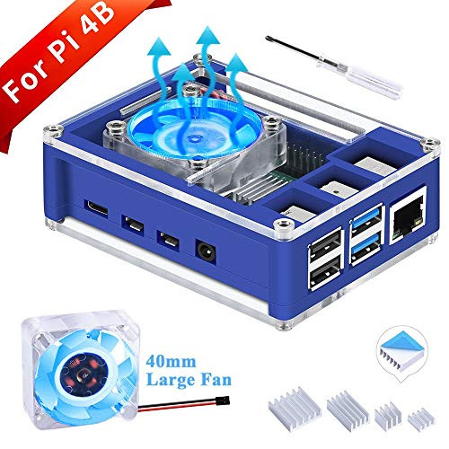GeeekPi Case for Raspberry Pi 4 Model B, Raspberry Pi 4B Case with Fan 40X40X10mm Blue Backlight and Raspberry Pi 4 Heatsinks for Raspberry Pi 4 Model B