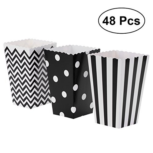 NUOLUX 48pcs Popcorn Boxes Cardboard Candy Container Rugby Stripe Wave Dot Pattern Deco (Black)