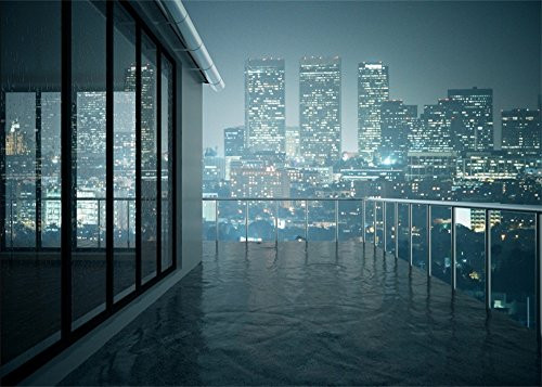Laeacco Aerial View City Landscape 7x5ft New York City Night View Backdrop Skyscraper Shining Lights French Window Romantic Balcony Photography Background Girls Adults Photo Studio Props