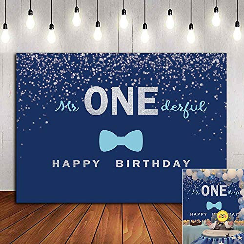 Silver and Blue Tie Mr Onederful Photo Background for Baby Boys Happy 1st Birthday Party Banner Photography Backdrop Decorations Cake Table Photo Booth Studio Props Vinyl 5x3ft Supplies