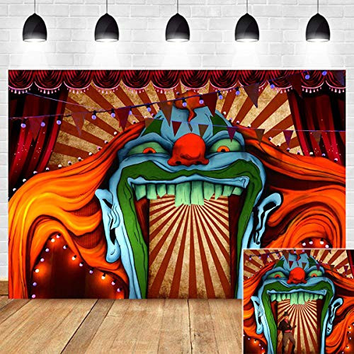 Scary Circus Decorations Photo Background Red White Stripe Evil Giant Halloween Photo Booth Haunted House Entrance Vinyl Clown Horror Party Birthday Supplies Banner 5x3ft Photography Backdrop