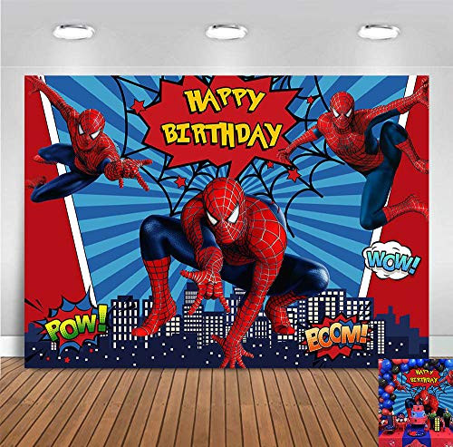 Super Hero Photography Backdrop Blue Stripe Red Photo Background Baby Girls Boys Happy Birthday Party Decorations Photo Booths Studio Props Cityscape Baby Shower Supplies Cake Table 5x3ft Vinyl