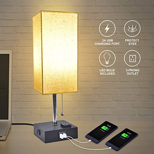 USB Bedside Table Lamp, Golspark Minimalist Nightstand Lamp with Charging Ports, Lamps for Bedrooms, Fabric Linen Lamp Shade, Modern Desk Lamp with Pull Chain (Square Table lamp)