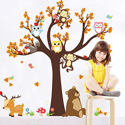 Wall Stickers of Tree & Monkey Owls Animals Wall Decals for Kids Rooms Nursery Baby Boys & Girls Bedroom Removable Home Sticker