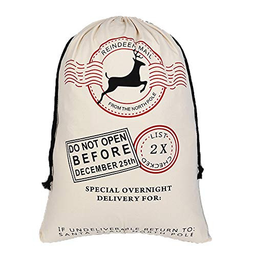 Auoinge Santa Sack Canvas Drawstring Bag, 27.6x19.7 Inch Large Personalized Cotton Santa Claus Present Storage Bag Xmas Gift