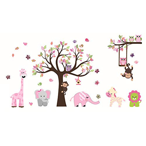 ufengke Animal Tree Wall Stickers Pink Elephant Giraffe Wall Decals Art Decor for Kids Bedroom Nursery DIY
