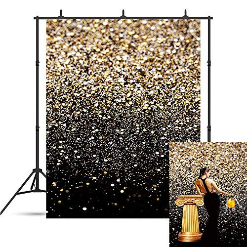 Fanghui Backdrops Golden Glitter Sequin Spot Bokeh and Black Photo Decoration Background Studio Props Booth Vinyl 5x7FT