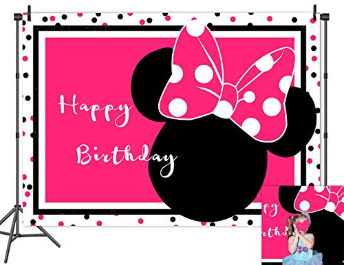 Sweet Pink and Black Dot Photo Background Cute Mouse Party Banner Princess Baby Girls Happy Birthday Supplies Photography Backdrop Candy Table Photo Booths Studio Props Decorations Vinyl 5x3ft