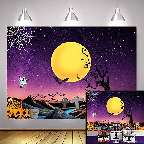 Trick or Treat Party Banner Decor Photography Backdrop Halloween Tombstones Supplies Pumpkin Full Moon Night Photo Backgrounds Boys Girls Portrait Vinyl 7x5ft Photo Booth Studio Props