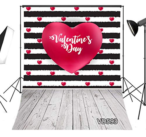 LB 5x7ft Valentines Day Photography Backdrop Black and White Striped with Red Heart Wooden Floor Photo Background for Pictures Studio Props Customized VD593