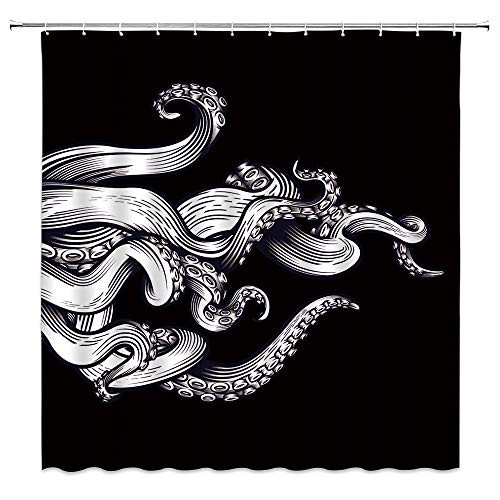 MNSC Octopus Shower Curtain White Octopus Tentacles Black Background Abstract Vintage Sea Ocean Kraken Nautical Costal Marine Monster Decor Fabric Bathroom Curtain 70x70Inch with Hooks,Black Grey MNSC Octopus Shower Curtain White Octopus Tentacles Black Background Abstract Vintage Sea Ocean Kraken Nautical Costal Marine Monster Decor Fabric Bathroom Curtain 70x70Inch with Hooks,Black Grey