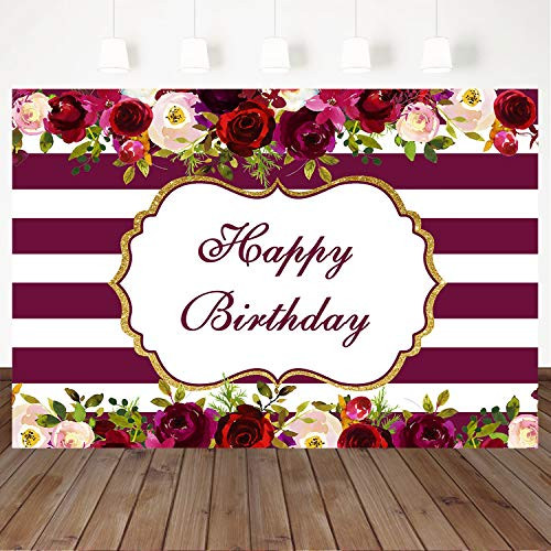 Mocsicka Floral Happy Birthday Backdrop Stripes Birthday Photography Background 7X5ft Vinyl Women Birthday Party Decoration Backdrops
