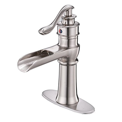 Homevacious Waterfall Bathroom Sink Faucet Brushed Nickel Single Handle Bath Lavatory Vanity Basin One Hole Lever Satin Mixer Tap Commercial Deck Mount Supply Line Lead-Free