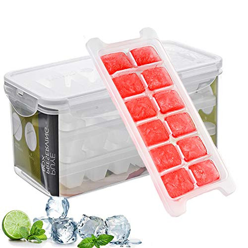 Ice Cube Trays and Ice Cube Storage Container Set With Airtight Locking Lid, 3 Packs / 36 Big Trapezoid Ice Cubes, Stackable Plastic Ice Mold Makers for Cool Drinks, Baby Food and Smoothie