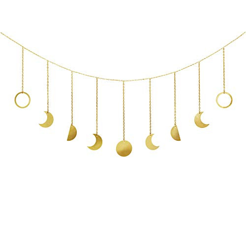 Mkono Moon Phase Garland with Chains Boho Gold Shining Phase Wall Hanging Holiday Ornaments Moon Hang Art Room Headboard Decor for Bedroom Living Room Apartment Dorm Nursery Room Home Office, Gold