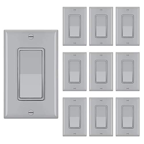 [10 Pack] BESTTEN Single Pole Decorator Wall Light Switch with Wall Plate, 15A 120/277V, On/Off Rocker Paddle Interrupter, UL Listed, Gray