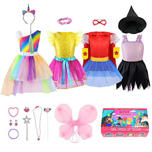 Jeowoqao Girls Dress up Trunk Princess Set, 24 PCS Pretend Play Costume Set, Fairytale, Supergirl, Princess, Rainbow Unicorn Costume for Toddler/Little Girls Ages 3-5yrs