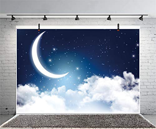 Leyiyi 10x8ft Night Sky Photography Backdrop Crescent Moon Starry Galaxy Twinkle Stars Cloud Dreamlike Banner Space Background Kids Birthday Baby Shower Pajama Party Photo Portrait Vinyl Studio Prop