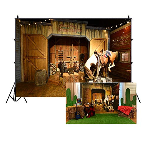 LFEEY 7x5ft Old Wild West Stable Backdrop Texas Western Cowboy Horse in Barn Anvil Tree Trunk Lantern Saddle Mews Photography Background Travel Party Events Photo Studio Props