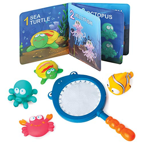 Build Me Baby Bath Book and Squirt Toys with Shark Net - Educational Waterproof Counting Book and Soft Sea Creatures Bath Toy Set for Babies and Toddlers - Make Bath Time Learning Colorful and Fun