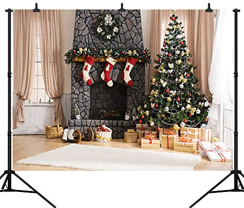 DePhoto 10X8FT Fireplace Christmas Tree Decoration Christmas Backdrop Seamless Vinyl Photography Photo Background Studio Prop PGT421C