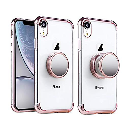 iPhone XR Clear Case with Stand Premium Soft TPU Protective Shockproof Case with Kickstand Grip Iron Mirror Fit Car Mount (Clear+Rose Gold)
