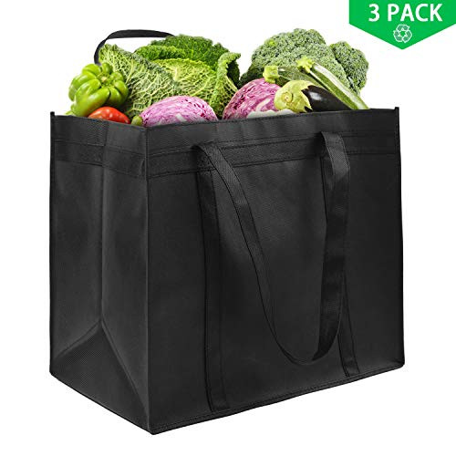Awekris Extra Large Reusable Grocery Tote Bag, Heavy Duty Shopping Bag Grocery Bag with Reinforced Handles, Thick Support Bottom Hold 50+ lbs Black 3 Pack
