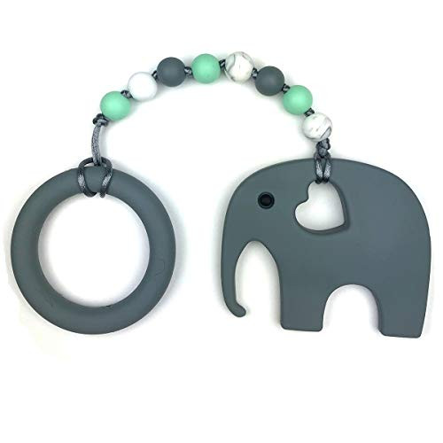 Baby Teething Toys by Nummy Beads Gray Elephant with Ring and Mint Beads Silicone Teether