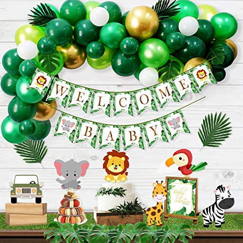 Ola Memoirs Jungle Theme Safari Baby Shower Decorations, Lush Green Balloon Arch Backdrop, Pre-strung Banner, Animal Centerpieces, Tropical Leaves, Gender Neutral theme, Party Supplies boy or girl