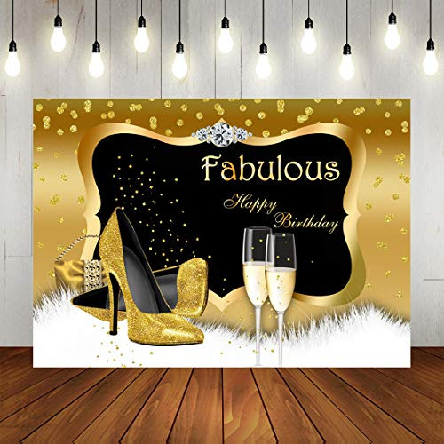 Golden Birthday Photo Backdrop Fabulous Happy Birthday Photography Background Shiny Diamond Dots High Heels Champagnes Party Decorations Supplies Banner for Adults Women Photo Studio Props 5x3ft