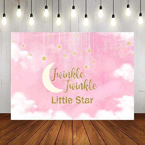 Sweet Pink Twinkle Twinkle Little Star Backdrop for Birthday Party Watercolor White Clouds Baby Girl Princess Baby Shower Party Background Decorations Newborn Baby Photo Booth Props 7x5ft