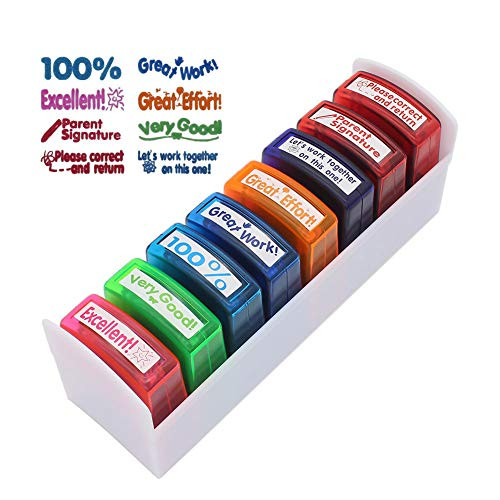 Teacher Stamp Set Colorful Encouraging Comments Self-Inking School Classroom Homework Grading Stamp Set with Storage Tray?8-Piece?