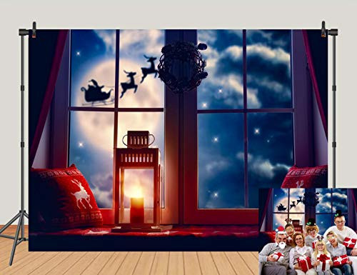 TJ Christmas Backdrop Pillow Window Garland Wreath Xmas Party Photography Background Winter Snowflake Elk Moon Reindeer Santa Kids Family Decoration Banner Photo Studio Booth Props 7X5FT