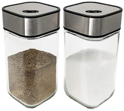 Salt and Pepper Shakers Set with Adjustable Pour Holes - Salt Shakers - Stainless Steel with Clear Glass Bottom (2-Pc. Set)