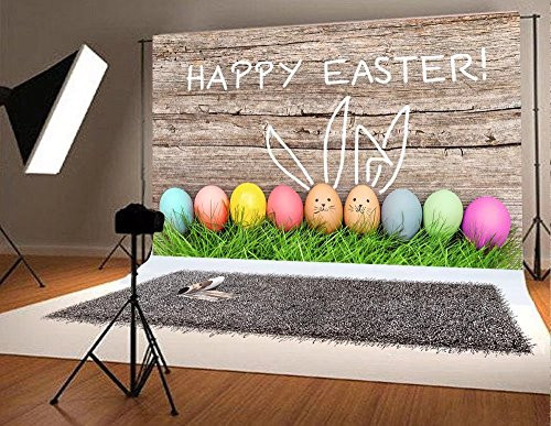 7x5ft Happy Easter Photography Backdrops Green Grass Retro Gray Wood Photo Background Colorful Eggs Studio Backdrop