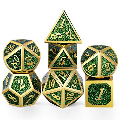DNDND Metal Dice Set D&D,Glitter Green Heavy DND Dice with Free Metal Case for Role Playing Games Dungeons and Dragons