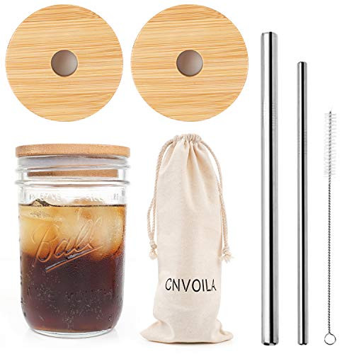 Mason Jar Lids with Straw Set, ECO Reusable Bamboo Wide Mouth Mason Jar Lids with 2 Reusable Stainless Steel Straw