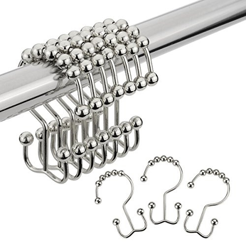 Amazer Shower Curtain Hooks Rings, Stainless Steel Shower Curtain Rings Metal Double Glide Shower Hooks for Bathroom Shower Rods Curtains, Polished Nickel, Set of 12 Hooks
