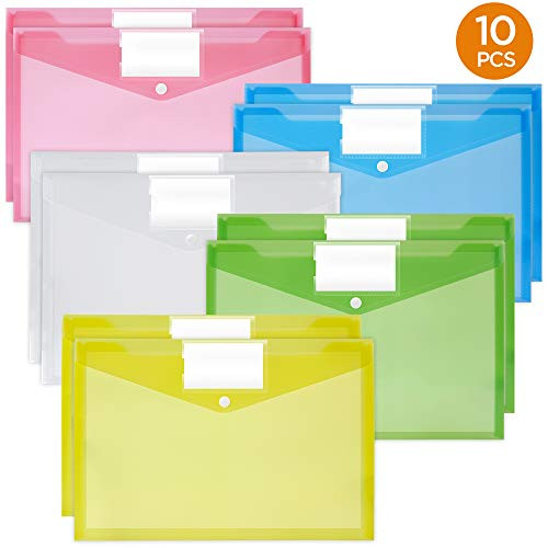 Plastic Envelopes Poly Envelopes, 10 Pack Clear Document Folders US Letter A4 Size File Envelopes with Label Pocket & Snap Button for School Home Work Office Organization, Assorted Color