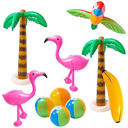 R HORSE 10 Pcs Inflatable Palm Tree Flamingo Banana Beach Ball Parrot Beach Pool Toys for Tropical Hawaiian Luau Party Summer Pool Beach Party Decorations