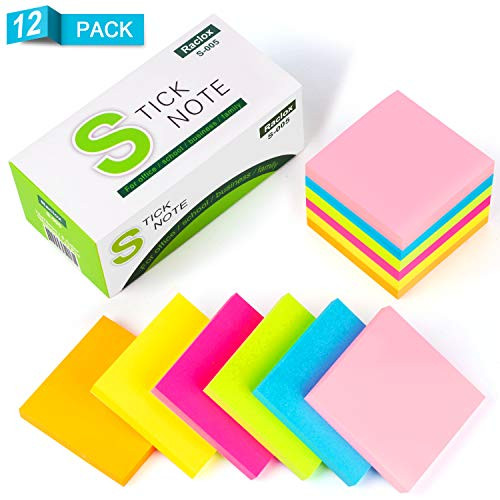 Raclox Sticky Notes 3x3 Inches - Self-Stick Notes with Strong Adhesive, 6 Bright Colors, 12 Pads 1200 Sheets Total, Great for School, Office, Home, Notebook