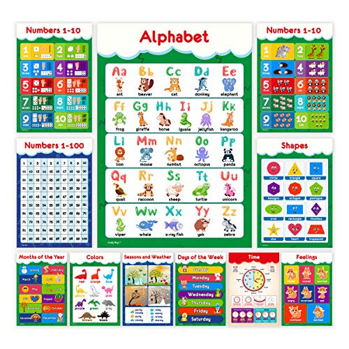11 Educational Posters for Toddlers and Kids - Perfect for Children Preschool & Kindergarten Classroom Decorations - Alphabet ABC Poster, Numbers, Weather Chart, Shapes, Colors - 13x19