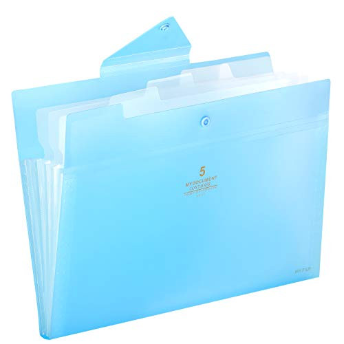 Skydue Expanding File Folders 5 Pockets File Folder with Snap Closure A4 and Letter Size Accordion Document Paper Organizer for Home School Office (Blue)