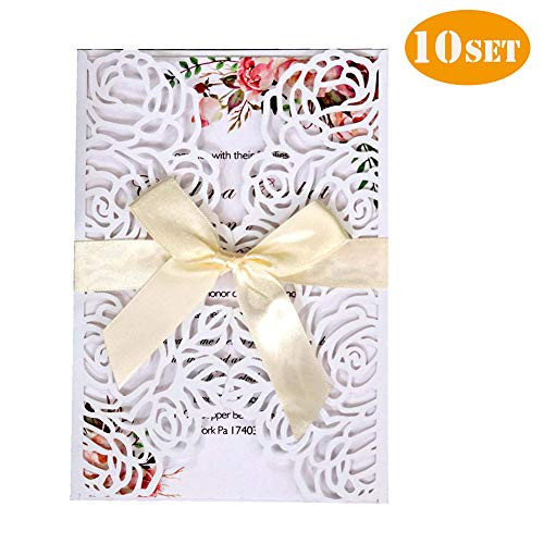 Wedding Invitation Cards, Laser Cut Floral Design Invites Pocket for Bridal Showers, Engagement Parties, Includes Covers+Blank Cards+Envelopes+Bowknots,Pack of 10 Set (White)