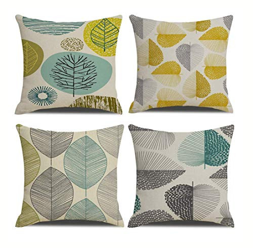 MELOODY Leaves Throw Pillow Covers Set of 4 Cotton Line Soft Modern Yellow Green Leaf Living Room Couch Sofa Decorative Square Pillow Case Covers 18x18 Inch