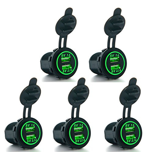 Cllena Dual USB Charger Socket Power Outlet 1A & 2.1A for Car Boat Marine Mobile (5PCS Green LED)
