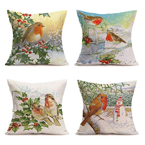 Royalours Throw Pillow Covers Set of 4 Merry Christmas Bird Tree Design Cotton Linen Throw Pillow Case Cushion Cover for Home Sofa Decorative Pillowcases 18" x 18" (Xmas Birds)