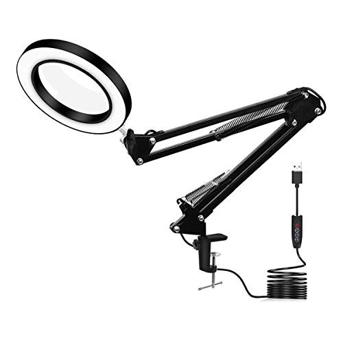 Top-Spring LED Magnifying Lamp Metal Swing Arm Magnifier Lamp - Stepless Dimming, 3 Color Modes, 5X Magnification, 4.1 Diameter Glass Lens, Adjustable Industrial Clamp for Reading/Office/Work, Black