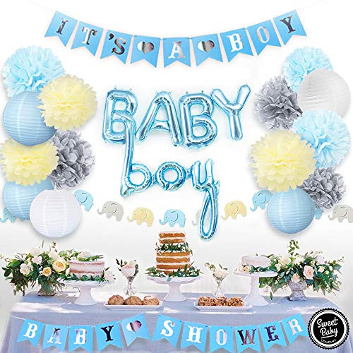 Sweet Baby Co. Boy Baby Shower Decorations for Boy with Its A Boy Banner, Baby Boy Foil Blue Balloons, Party Lanterns, Paper Pom Poms, Elephant Theme Garland, Table Backdrop Decor Supplies Kit Boys